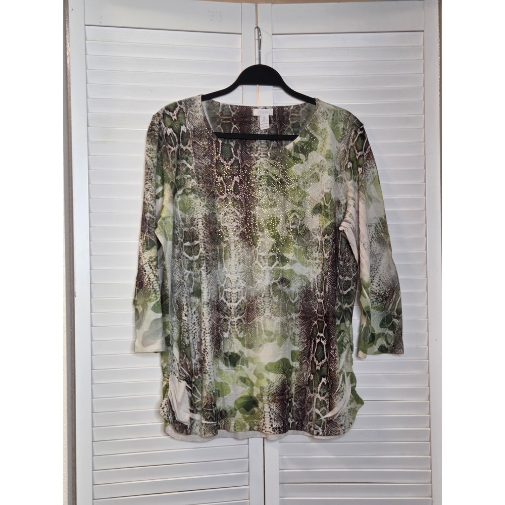 Chico's Conrad Ruched Raye Top Size 2 Green Snakeskin 3/4 Sleeve Rhinestone NEW